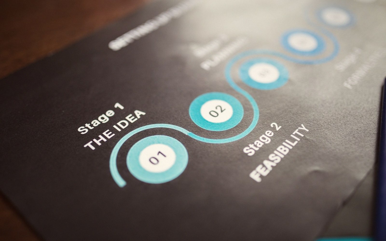 Printed diagram showing numbered project stages, starting with "The Idea" and "Feasibility"