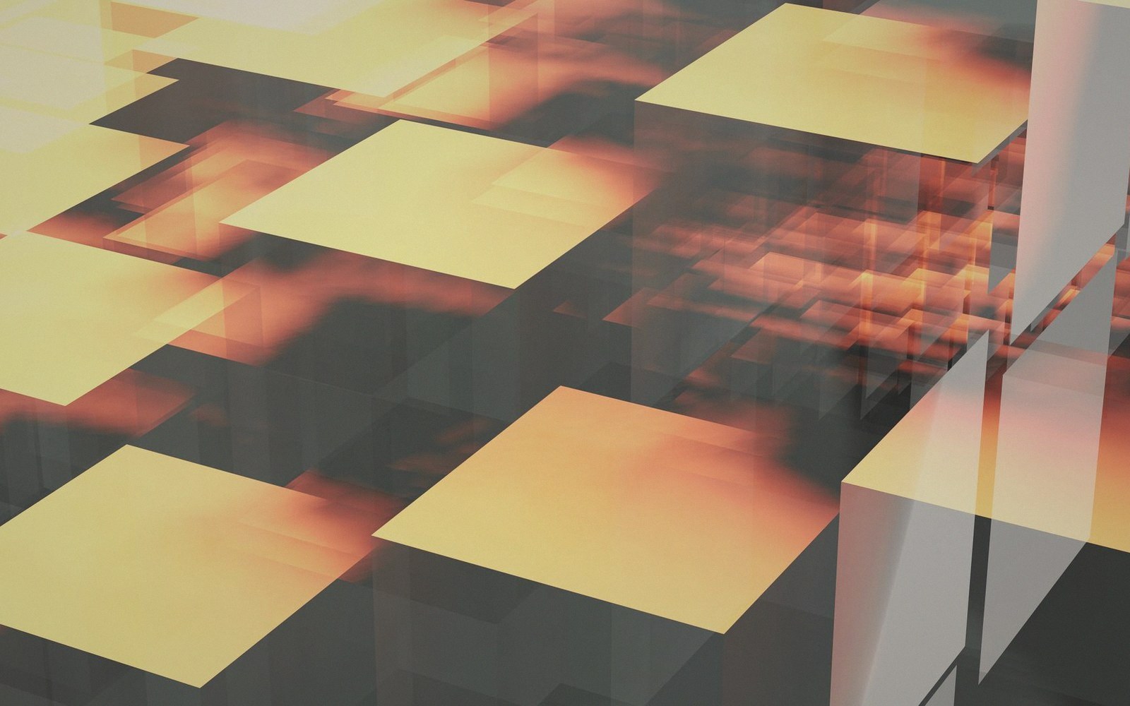Abstract grid of glowing yellow squares with fiery orange and black gradient patterns