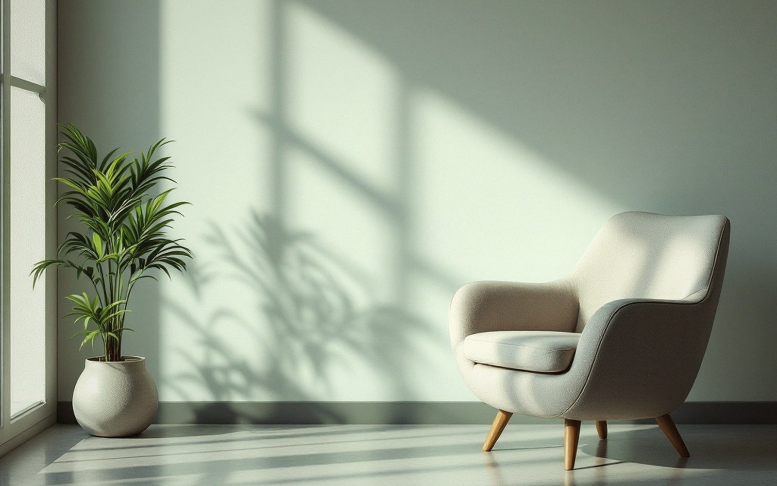 An empty upholstered consulting-room chair against a plain wall, natural light from one side, no person present